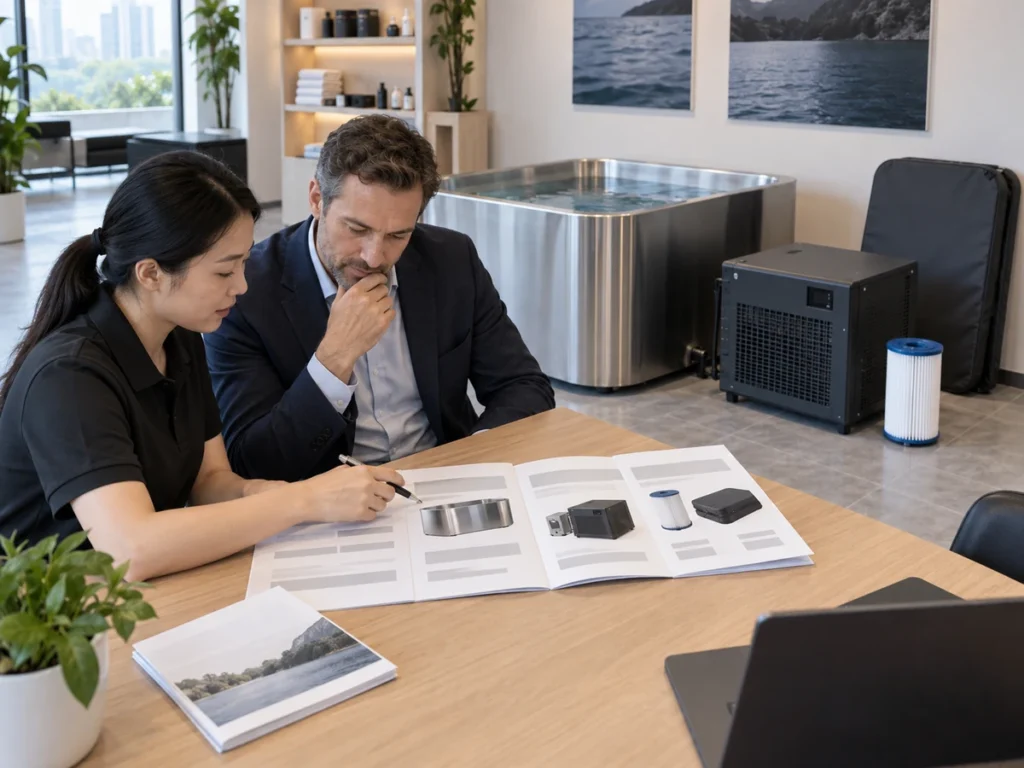 Commercial buyer and Chinese service specialist reviewing cold plunge warranty coverage