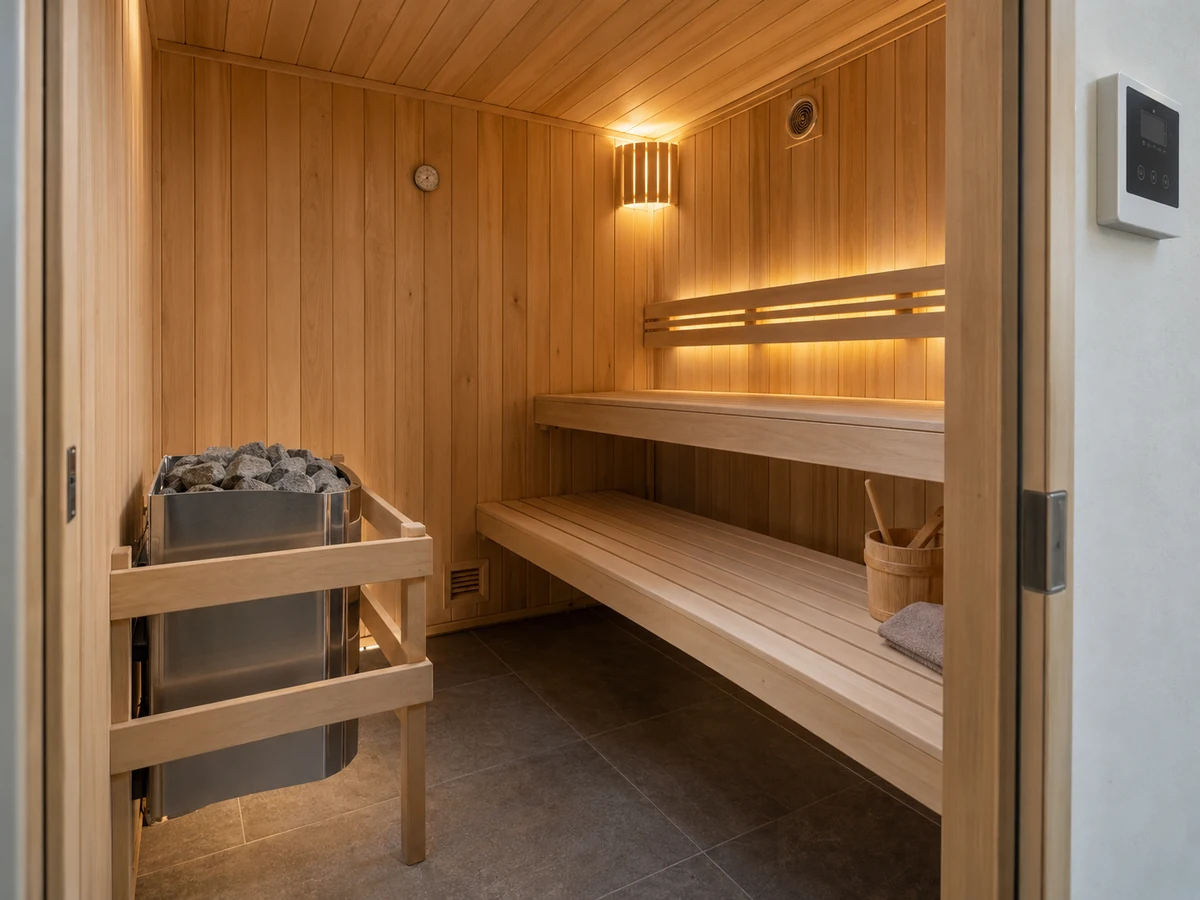 Traditionelle elektrische Sauna mit Saunaofen, Steinen, Bänken, Lüftungsöffnungen und Steuerung
