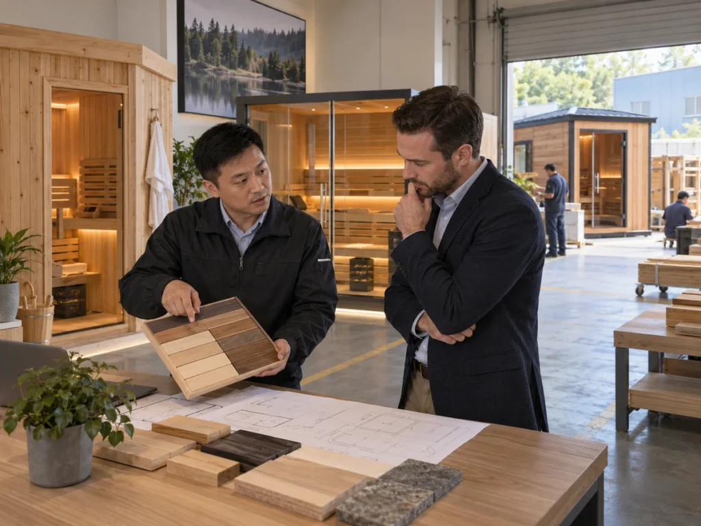 Chinesischer Saunaingenieur unterstützt einen gewerblichen Käufer beim Vergleich von Projektkonfigurationen