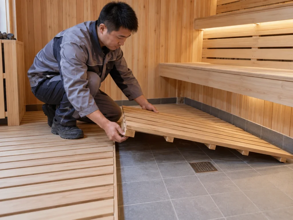 Chinesischer Techniker hebt einen herausnehmbaren Sauna-Rostboden über gefliester Entwässerung an