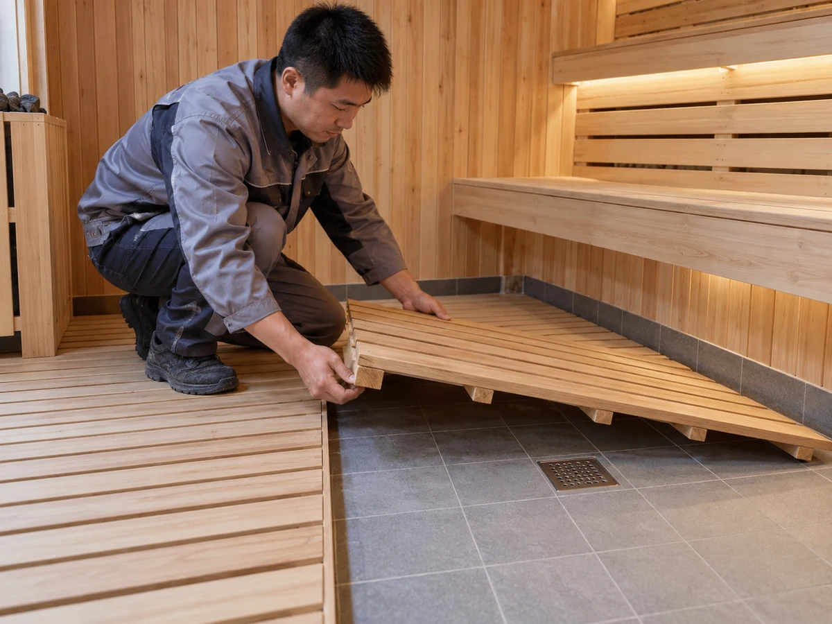 Chinesischer Techniker hebt einen herausnehmbaren Sauna-Rostboden über gefliester Entwässerung an