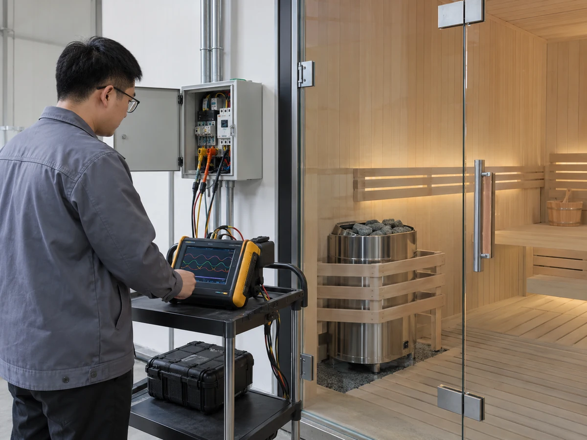 Chinesischer Ingenieur misst den Energieverbrauch eines elektrischen Saunaofens in einer Werksprüfbucht