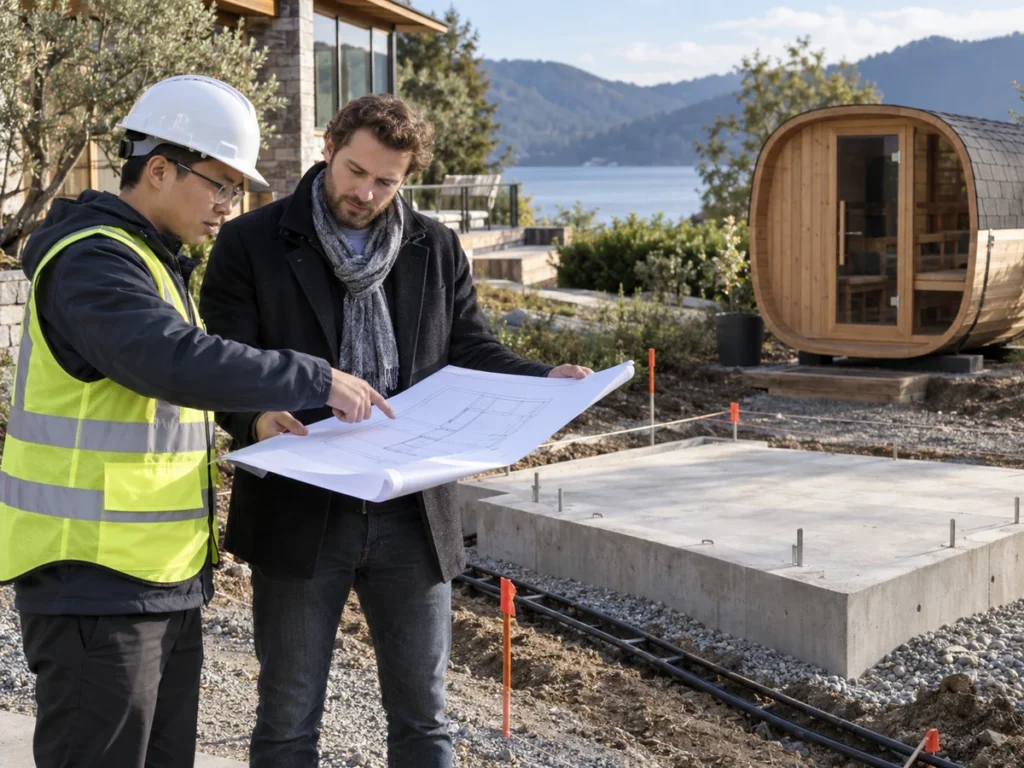 Chinesischer Projektingenieur und Architekt prüfen einen Standortplan für eine Außensauna