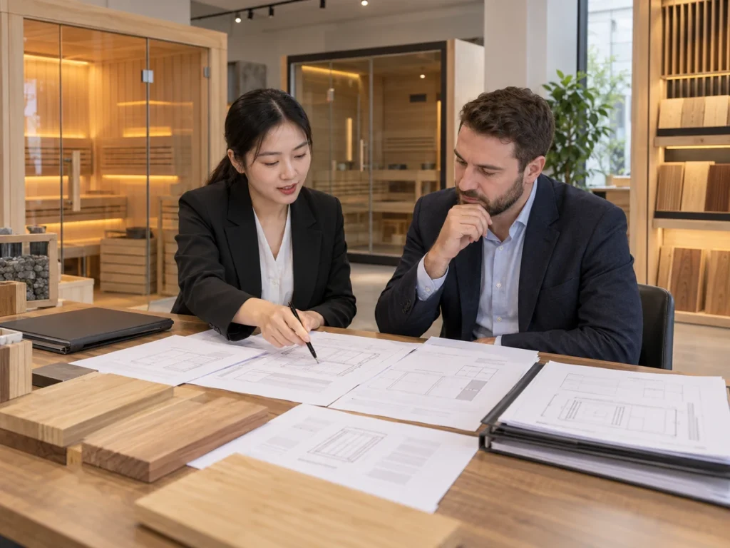 Sauna buyer and Chinese engineering specialist comparing RFQ documents
