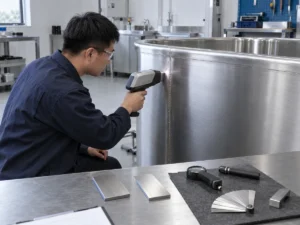 Chinese quality engineer verifying stainless steel at a cold plunge weld