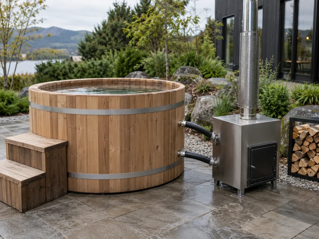 Wood-fired hot tub with external stove, circulation pipes and insulated flue